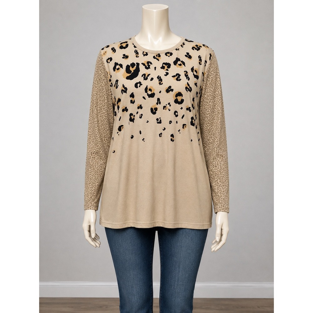 Southern Stitch Womens Leopard Print Mixed Pattern Long Sleeve Top Tan Large